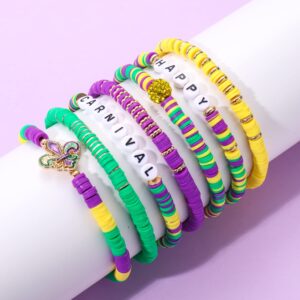 7 PCS Heishi Mardi Gras Bracelets Beaded Happy Carnival Bracelets Fleur de lis Letter Beads Rhinestone Mardi Gras Stretch Bracelets for Women Holiday Gift