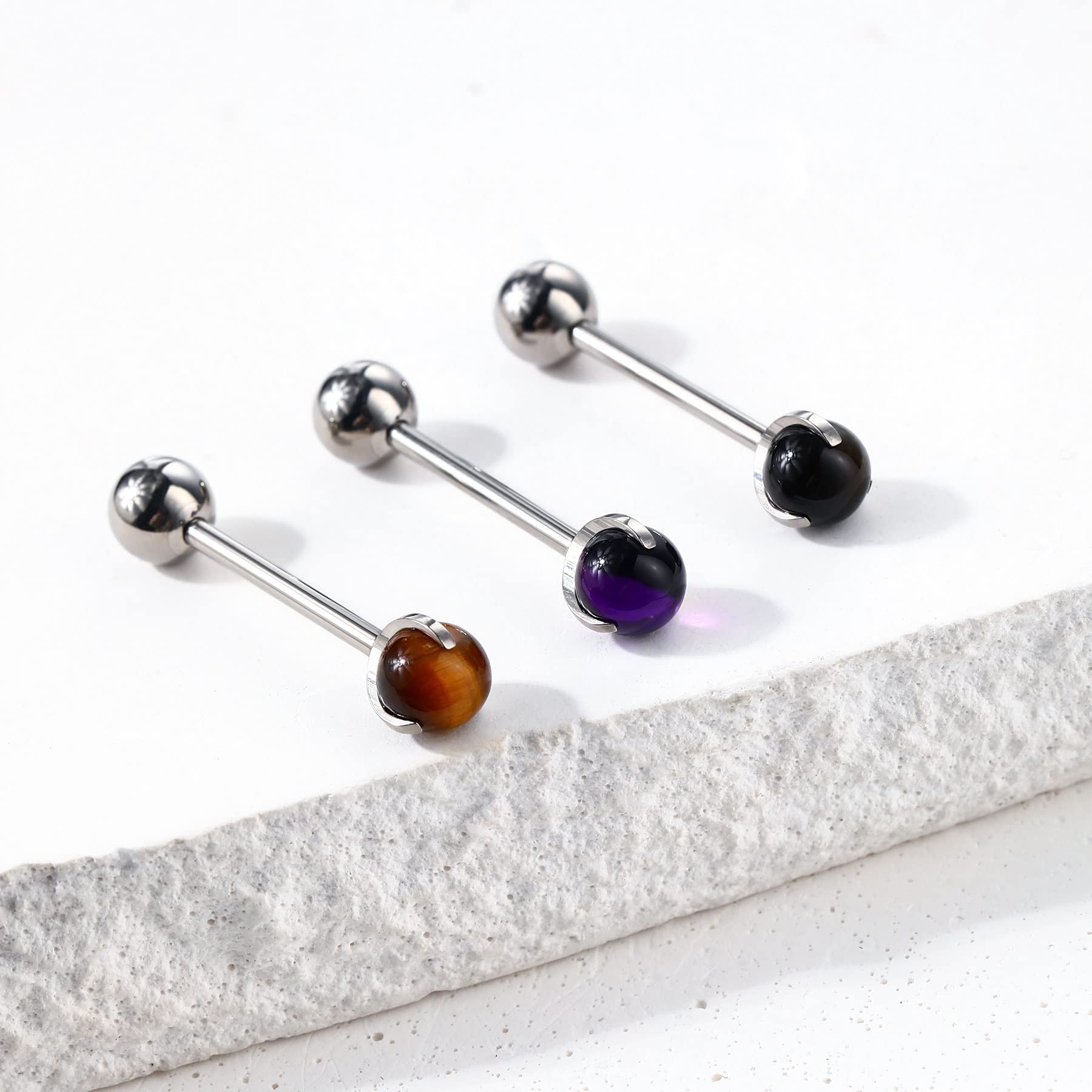 CM Crareesi Mania Titanium Tongue Rings 14G Amethyst Tongue Piercing Jewelry Solid G23 Titanium Nipple Tongue Ring 16mm Natural Stone Tongue Barbells for Women