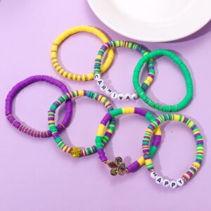 7 PCS Heishi Mardi Gras Bracelets Beaded Happy Carnival Bracelets Fleur de lis Letter Beads Rhinestone Mardi Gras Stretch Bracelets for Women Holiday Gift