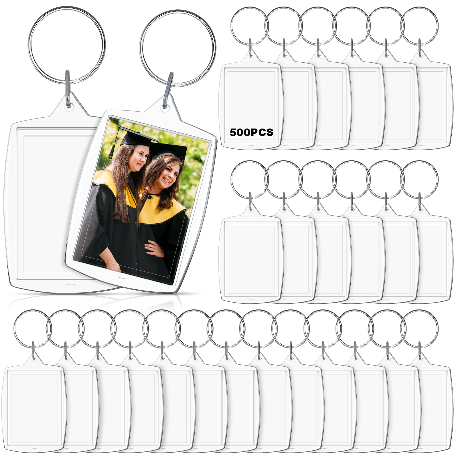 Junkin 500 Pcs Acrylic Keychain Blanks Graduation Photo Keychains Bulk Picture Frame Keychain 2.2 x 1.6 Inch Picture Keychain Clear Rectangle Acrylic Keychain Blanks for DIY Craft Graduation Gifts