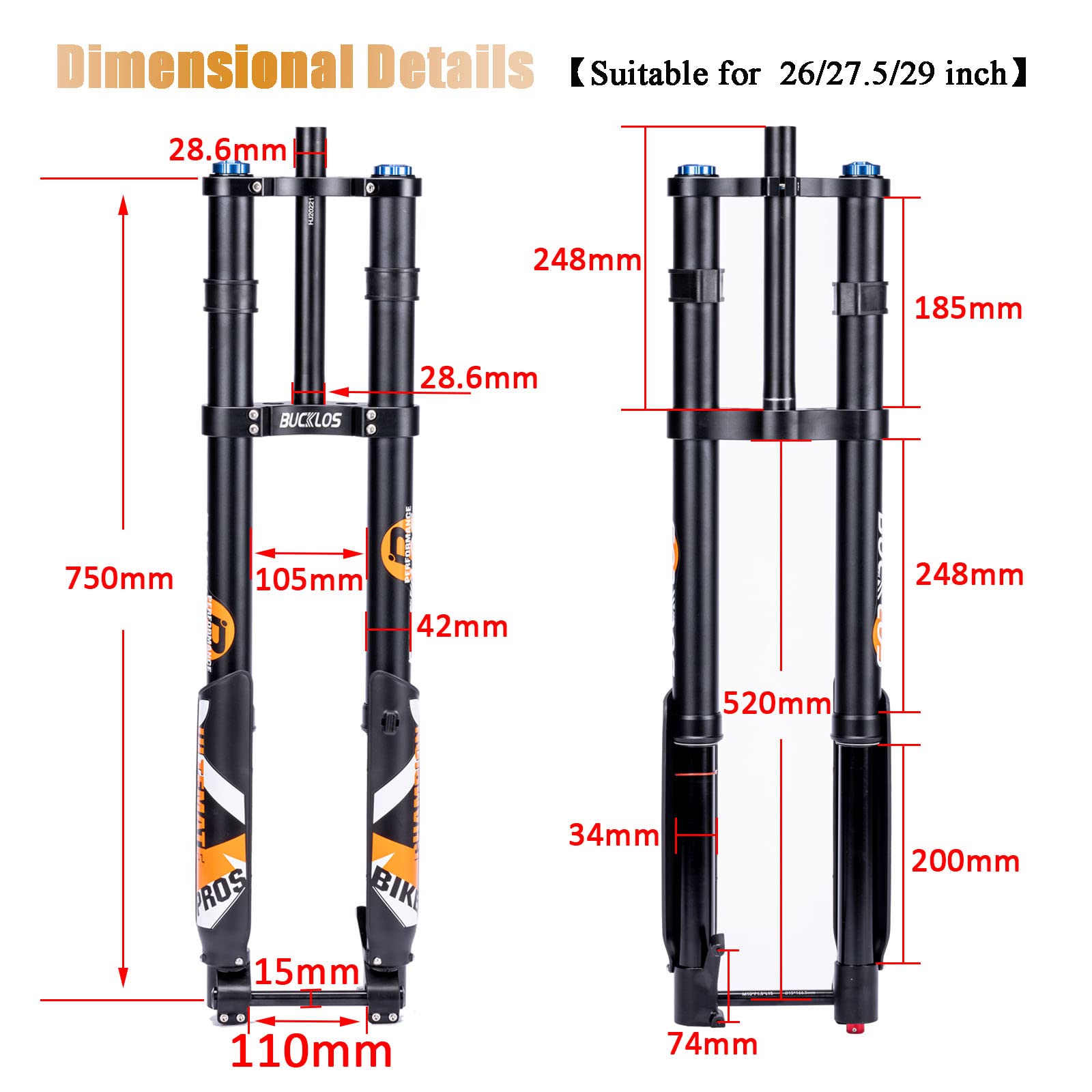 BUCKLOS 26/27.5/29 inch Electric Mountain Bike Air Suspension Inverted Downhill Fork，Thru Axle Boost 15x110mm Travel 140/180mm Rebound Adjust 1-1/8" Straight Tapered Disc Brake Bicycle Front Forks