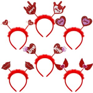 Whaline 6Pcs Valentine's Day Headbands Glitter Red Love Heart Lip Boppers Feather Costume Hair Hoop Holiday Hair Accessories for Valentine's Day Wedding Birthday Party Favor Gift Photo Booth