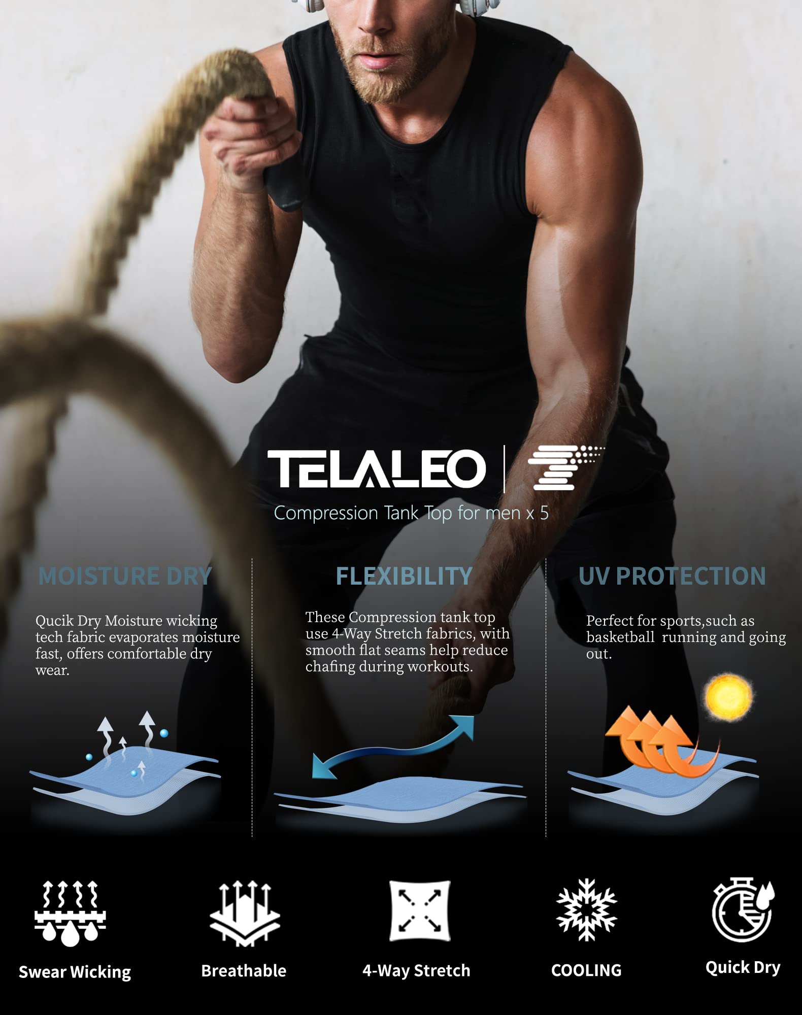 TELALEO 5 Pack Men's Athletic Compression Shirts Sleeveless Workout Tank Top Sports Base Layer Running Basketball S/02