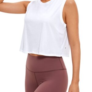 CRZ YOGA Pima Cotton Cropped Tank Tops for Women Workout Crop Top Sleeveless Athletic Shirts Loose Yoga Tops White Medium