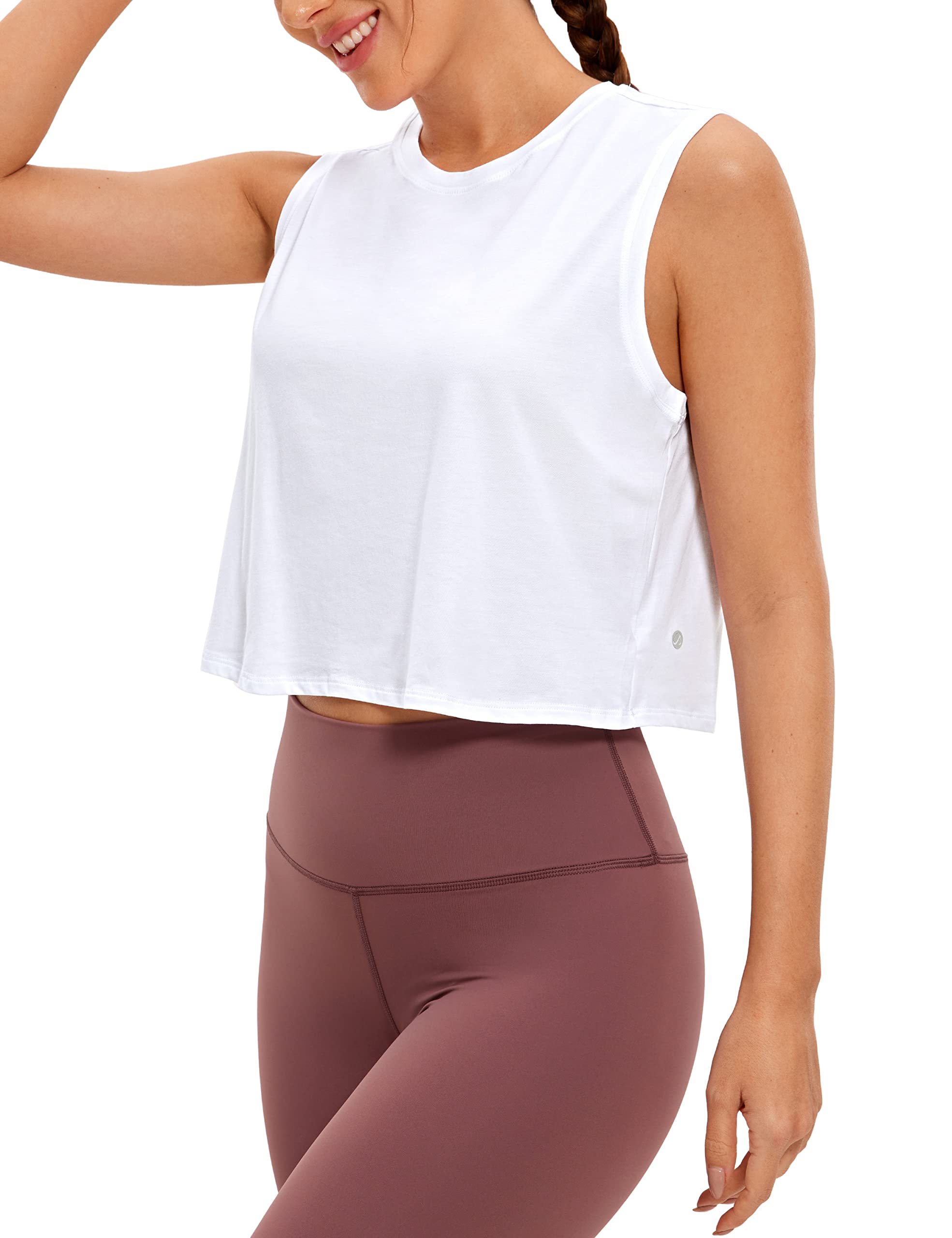 CRZ YOGA Pima Cotton Cropped Tank Tops for Women Workout Crop Top Sleeveless Athletic Shirts Loose Yoga Tops White Small