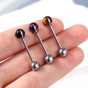 CM Crareesi Mania Titanium Tongue Rings 14G Amethyst Tongue Piercing Jewelry Solid G23 Titanium Nipple Tongue Ring 16mm Natural Stone Tongue Barbells for Women