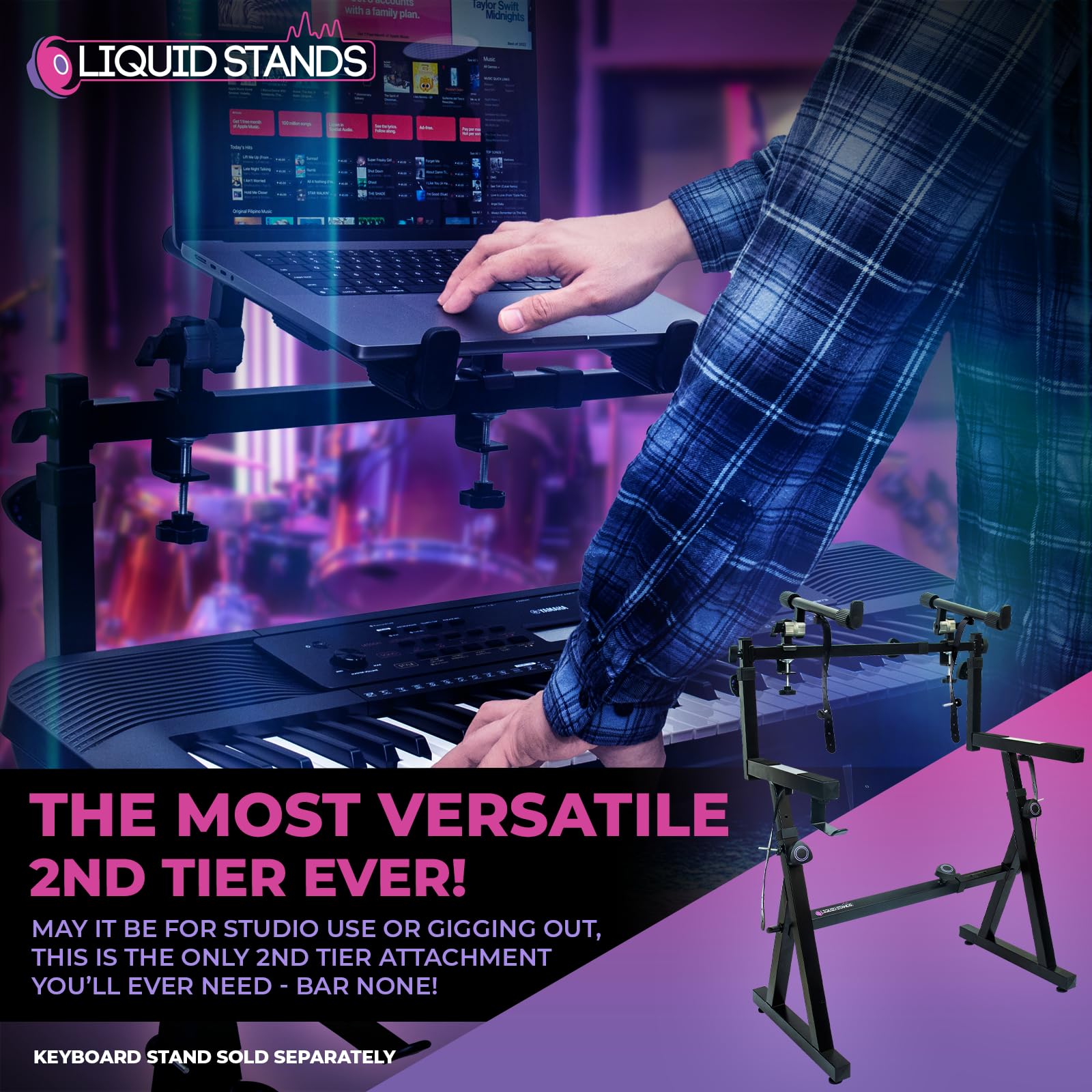 Liquid Stands 2 Tier Keyboard Stand Attachment - Adjustable Electric Digital Piano Stand for 54 - 88 Key Music Keyboards & Synths - Double Stand Extender for Square Tube Z Style Stands