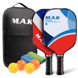 pickleball paddles set of 2, carbon and fiberglass face pickleball set, 4 indoor outdoor balls, 2 cooling towels, pickleball bag, lightweight pickleball paddle gifts for men women (fiberglass style-1)