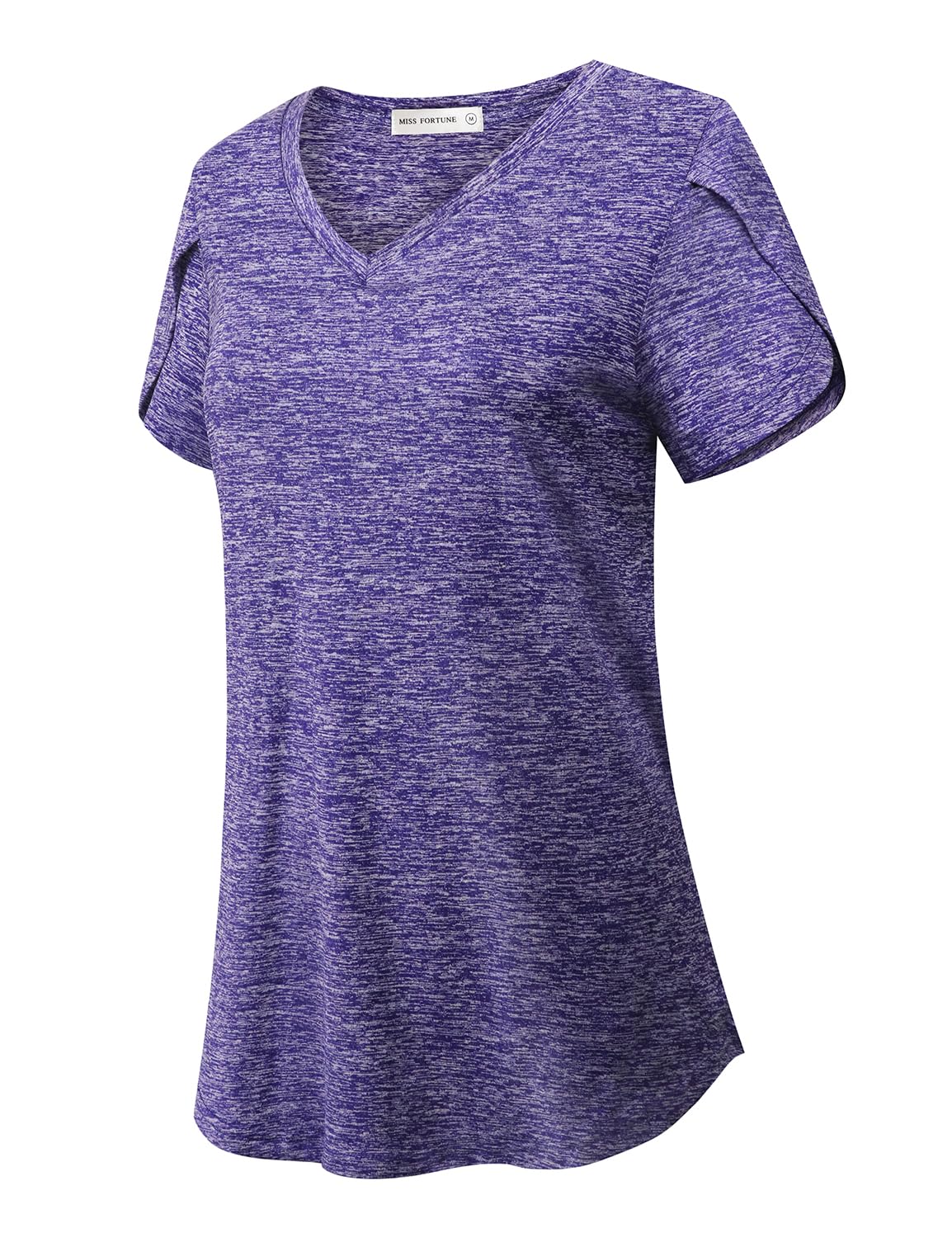 MISS FORTUNE Womens V-Neck Short Sleeve Activewear T-Shirt Petal Sleeve Casual Athletic Moisture Wicking Fitness Tops Purple XL