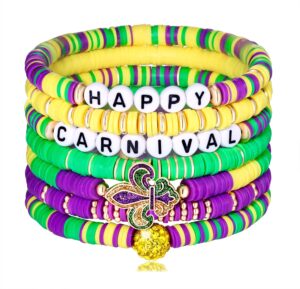 7 pcs heishi mardi gras bracelets beaded happy carnival bracelets fleur de lis letter beads rhinestone mardi gras stretch bracelets for women holiday gift