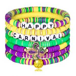 7 PCS Heishi Mardi Gras Bracelets Beaded Happy Carnival Bracelets Fleur de lis Letter Beads Rhinestone Mardi Gras Stretch Bracelets for Women Holiday Gift