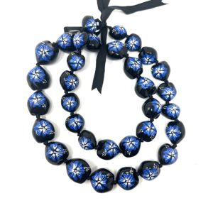 Utama Hawaiian Kukui Nut Leis Beads Necklaces with Hand Painted Flower- Blue Flower