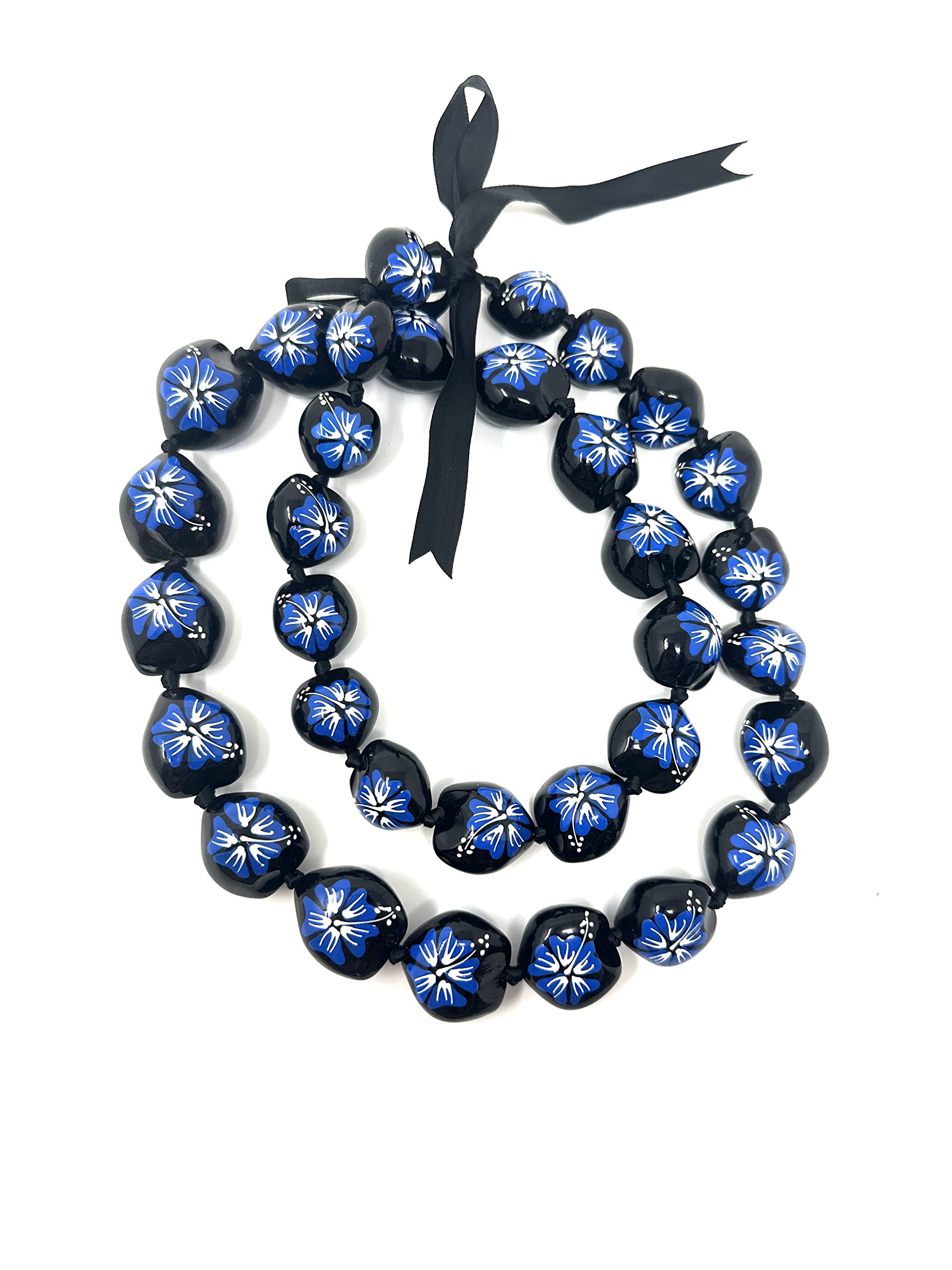 Utama Hawaiian Kukui Nut Leis Beads Necklaces with Hand Painted Flower- Blue Flower