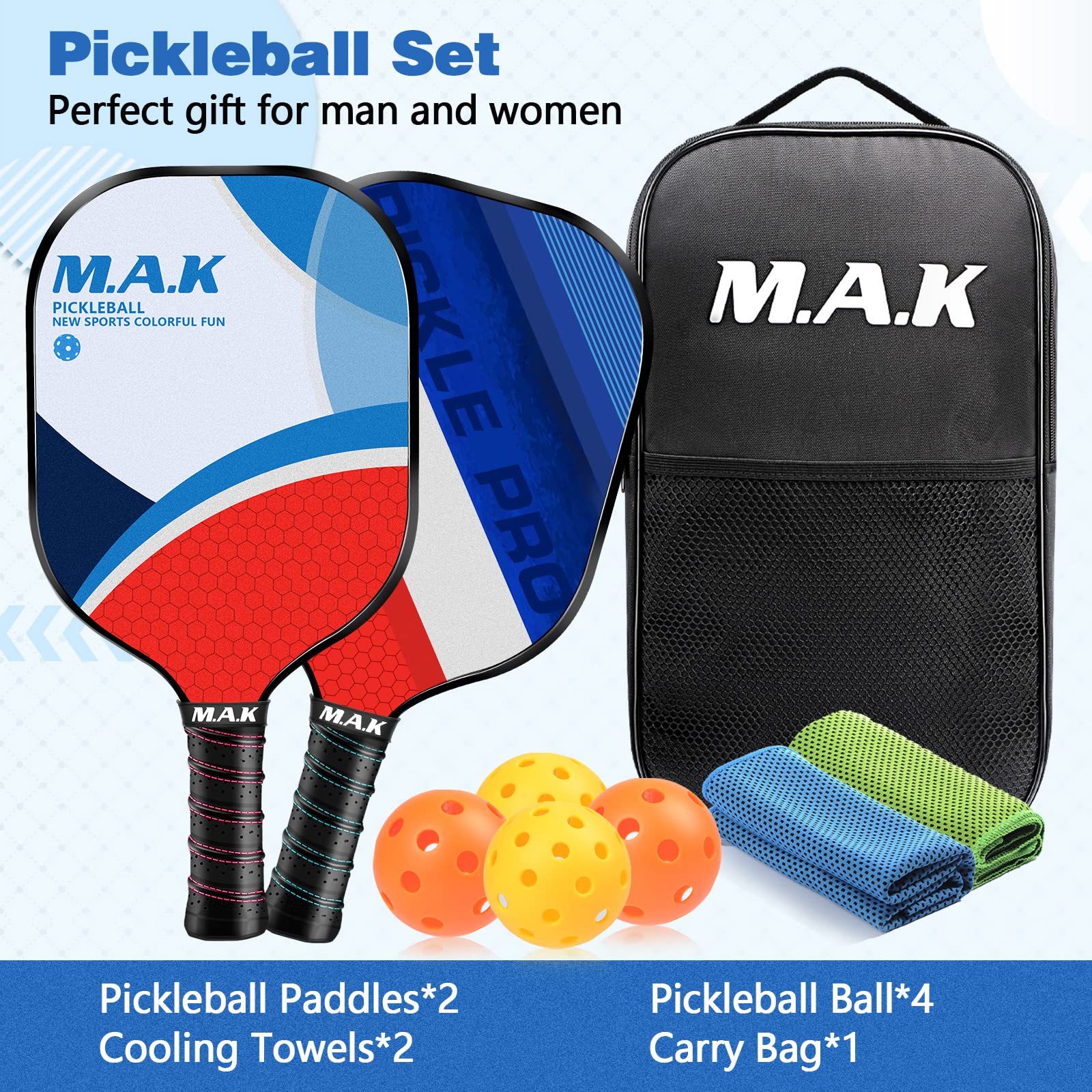 Pickleball Paddles Set of 2, Carbon and Fiberglass Face Pickleball Set, 4 Indoor Outdoor Balls, 2 Cooling Towels, Pickleball Bag, Lightweight Pickleball Paddle Gifts for Men Women (Fiberglass Style-1)