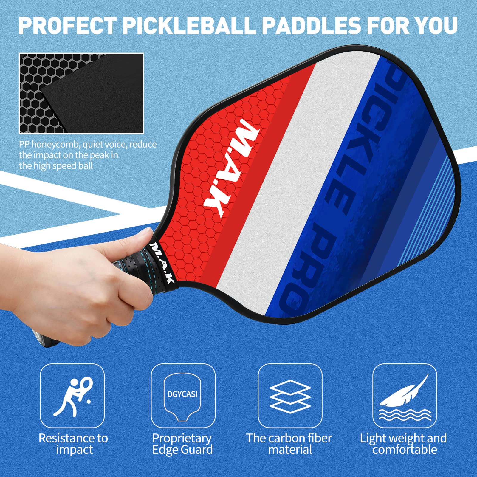 Pickleball Paddles Set of 2, Carbon and Fiberglass Face Pickleball Set, 4 Indoor Outdoor Balls, 2 Cooling Towels, Pickleball Bag, Lightweight Pickleball Paddle Gifts for Men Women (Fiberglass Style-1)