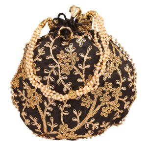 touchstone new traditional indian hand embroidered floral faux pearls strings shopping gifts jewelry wedding sweet distribution drawstring fancy black bag purse pouch for women.