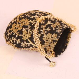 Touchstone NEW Traditional Indian Hand Embroidered Floral Faux Pearls Strings Shopping Gifts Jewelry Wedding Sweet Distribution Drawstring Fancy Black Bag Purse Pouch For Women.