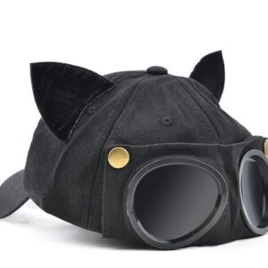 Retro Aviator Hat with Cat Ears Glasses Peaked Cap Sunglasses Baseball Cap Hip Hop Mask Black