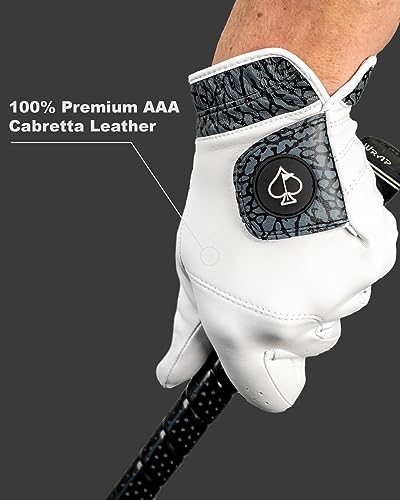 Pins & Aces - Ghost White Golf Glove Design - Premium AAA Cabretta Leather, Long-Lasting Durable Tour Glove for Men or Women - Premium Leather Golf Glove Left & Right Hand (Medium/Large, Left)