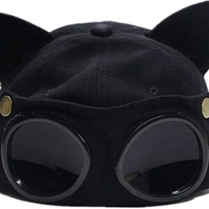 Retro Aviator Hat with Cat Ears Glasses Peaked Cap Sunglasses Baseball Cap Hip Hop Mask Black