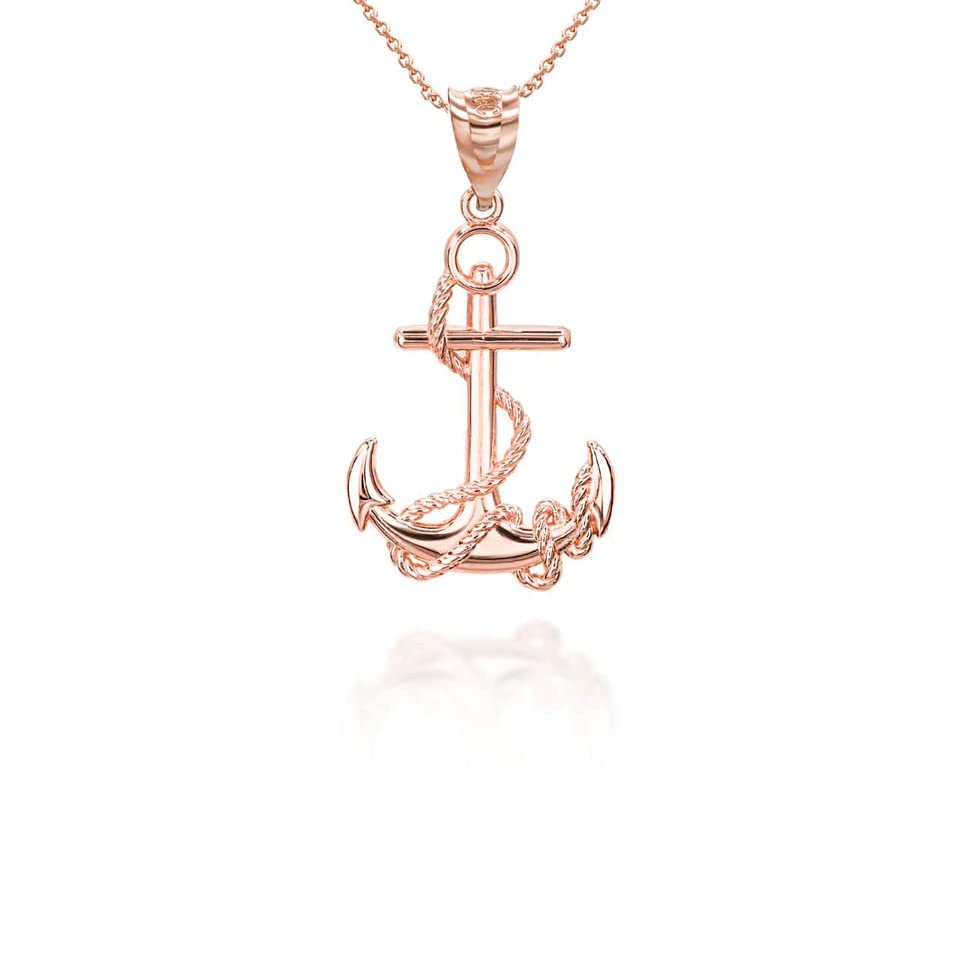 Solid 14K Rose Gold Polished Nautical Rope Fouled Anchor Pendant Necklace, 22"