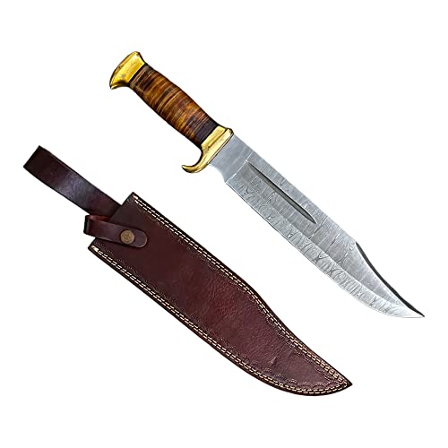 Hadi Enterprises-15" Handmade Damascus Hunting Knife with Leather Sheath - Ideal for Skinning, Camping, Outdoor -Fixed Blade Bushcraft Knife with Leather Handle-(LK-001)