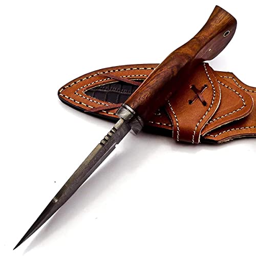 Hadi Enterprises-10" Handmade Damascus Hunting Knife with Leather Sheath - Ideal for Skinning, Camping, Outdoor -Fixed Blade Bushcraft Knife with Rose Wood Handle-(BT-001)