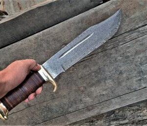 Hadi Enterprises-15" Handmade Damascus Hunting Knife with Leather Sheath - Ideal for Skinning, Camping, Outdoor -Fixed Blade Bushcraft Knife with Leather Handle-(LK-001)