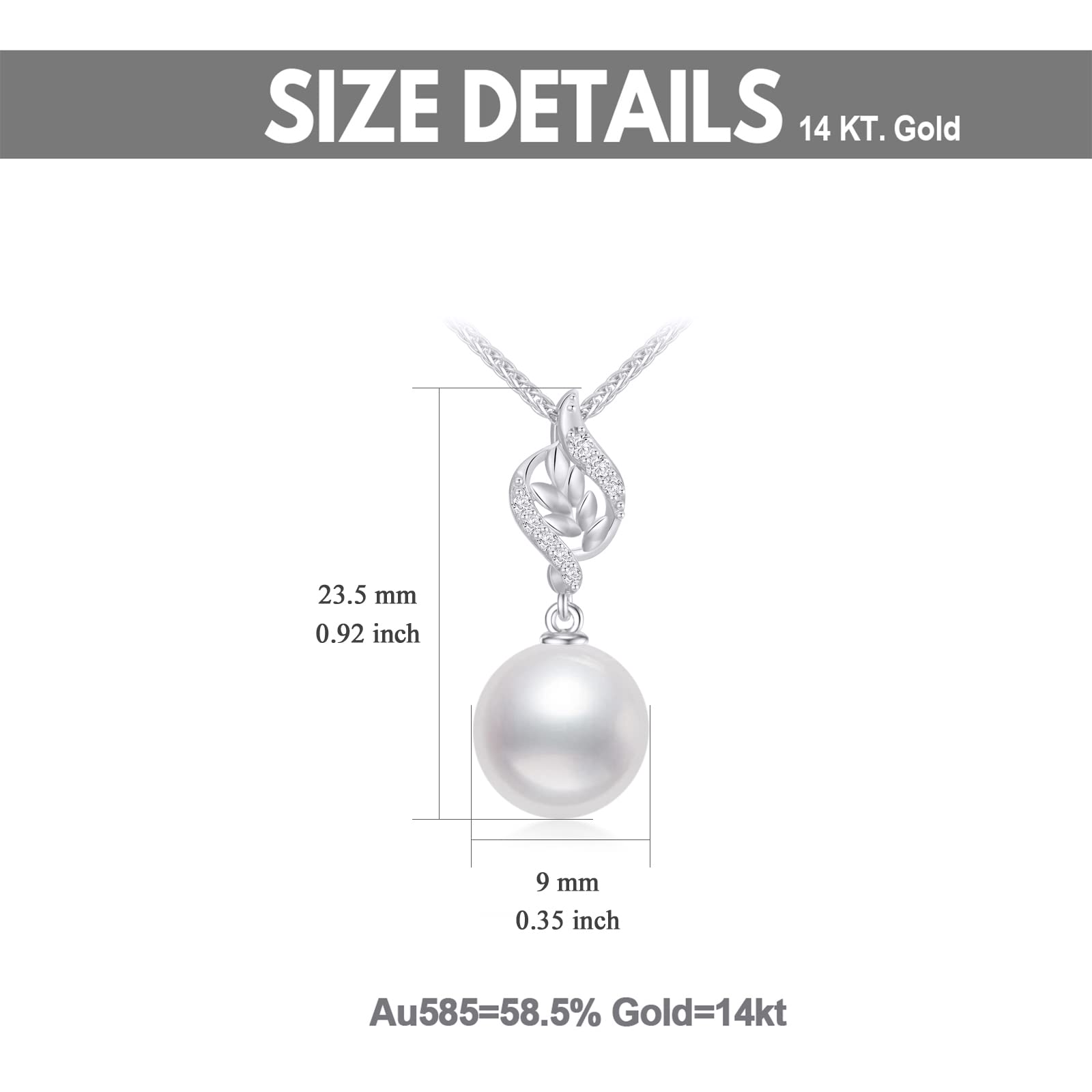 SISGEM 14k White Gold Diamond Leaves Freshwater Cultured Pearl Necklace, 14k Gold Wheat Chain and Pendant, 16-18 Inches