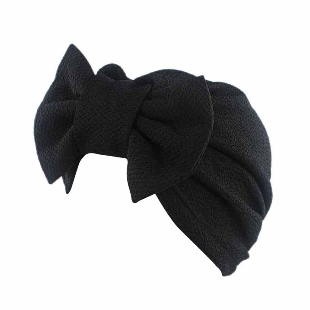 Women Bow Cancer Chemo Hat Scarf Turban Stretchy African Hair Wraps Classic Soft Trendy Tie Headbands (Black, One Size)