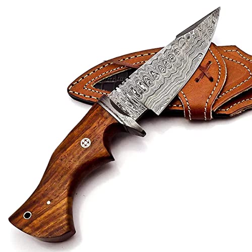 Hadi Enterprises-10" Handmade Damascus Hunting Knife with Leather Sheath - Ideal for Skinning, Camping, Outdoor -Fixed Blade Bushcraft Knife with Rose Wood Handle-(BT-001)