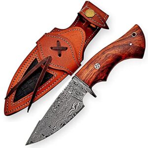 Hadi Enterprises-10" Handmade Damascus Hunting Knife with Leather Sheath - Ideal for Skinning, Camping, Outdoor -Fixed Blade Bushcraft Knife with Rose Wood Handle-(BT-001)