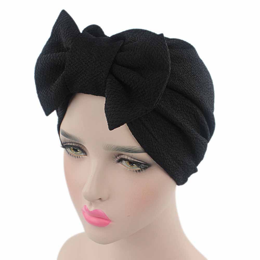 Women Bow Cancer Chemo Hat Scarf Turban Stretchy African Hair Wraps Classic Soft Trendy Tie Headbands (Black, One Size)