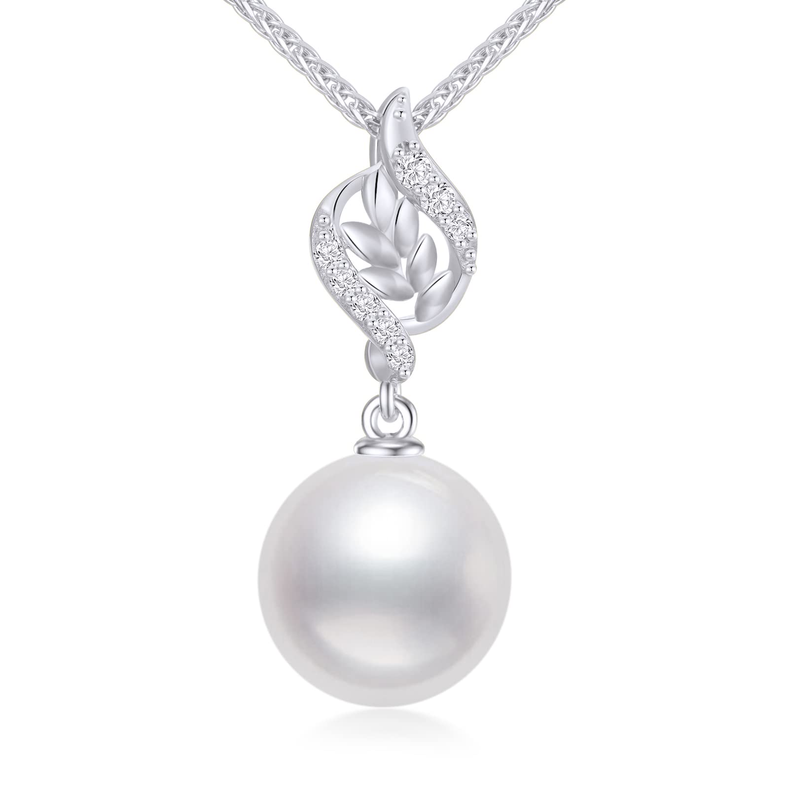 SISGEM 14k White Gold Diamond Leaves Freshwater Cultured Pearl Necklace, 14k Gold Wheat Chain and Pendant, 16-18 Inches