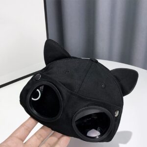 Retro Aviator Hat with Cat Ears Glasses Peaked Cap Sunglasses Baseball Cap Hip Hop Mask Black