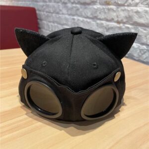 Retro Aviator Hat with Cat Ears Glasses Peaked Cap Sunglasses Baseball Cap Hip Hop Mask Black