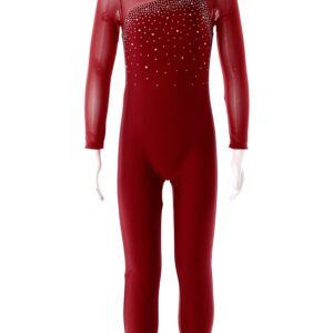 Linjinx Kids Girls Long Sleeve Rhinestone Gymnastics Leotard Unitard Full Body One Piece Figure Ice Skating Jumpsuit Bodysuit Burgundy 10 Years