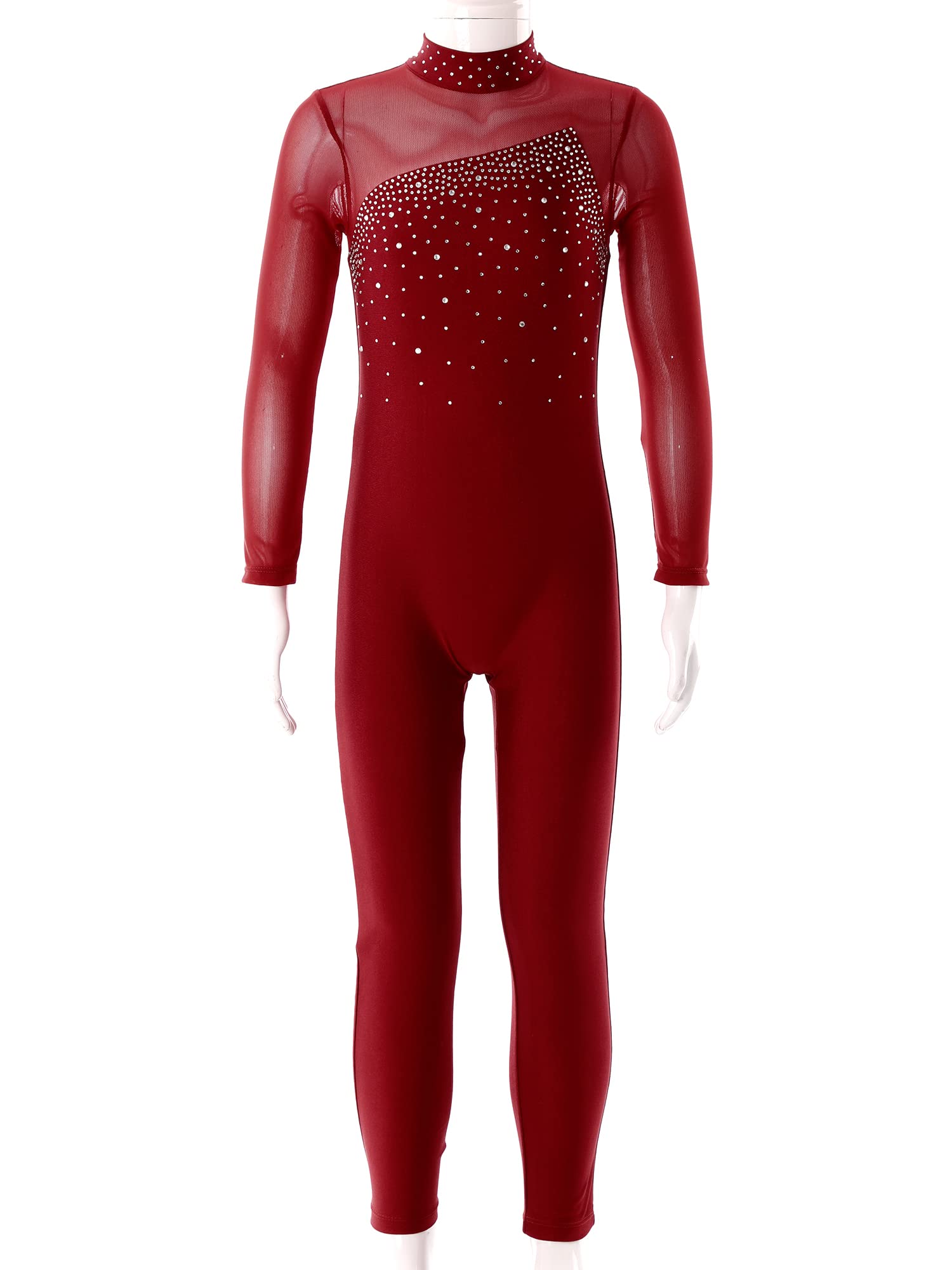 Linjinx Kids Girls Long Sleeve Rhinestone Gymnastics Leotard Unitard Full Body One Piece Figure Ice Skating Jumpsuit Bodysuit Burgundy 10 Years