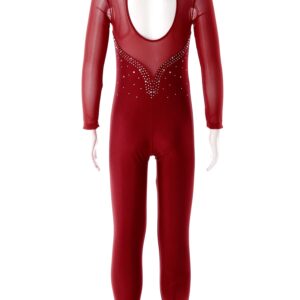 Linjinx Kids Girls Long Sleeve Rhinestone Gymnastics Leotard Unitard Full Body One Piece Figure Ice Skating Jumpsuit Bodysuit Burgundy 10 Years