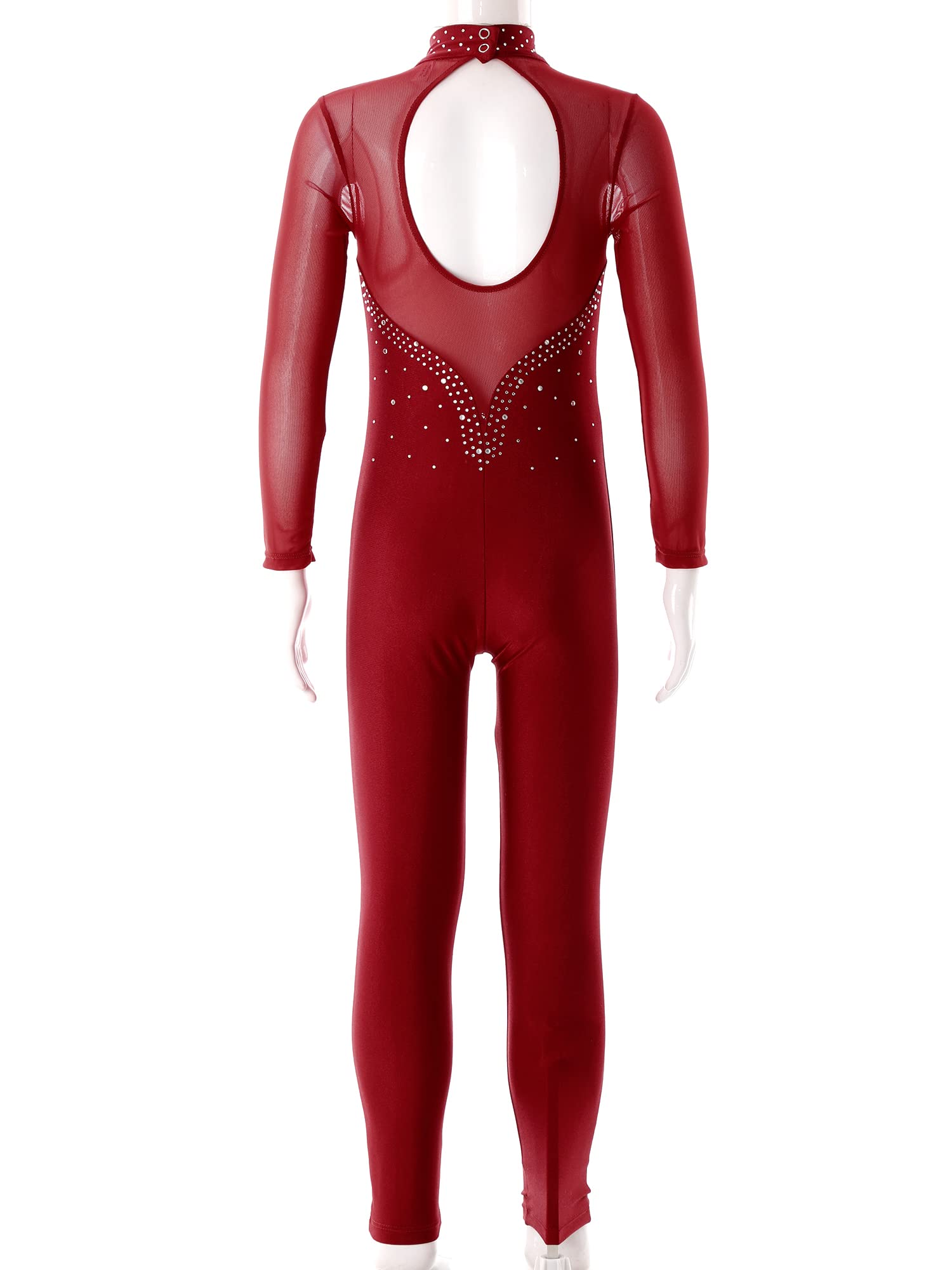 Linjinx Kids Girls Long Sleeve Rhinestone Gymnastics Leotard Unitard Full Body One Piece Figure Ice Skating Jumpsuit Bodysuit Burgundy 10 Years