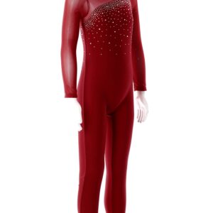 Linjinx Kids Girls Long Sleeve Rhinestone Gymnastics Leotard Unitard Full Body One Piece Figure Ice Skating Jumpsuit Bodysuit Burgundy 10 Years