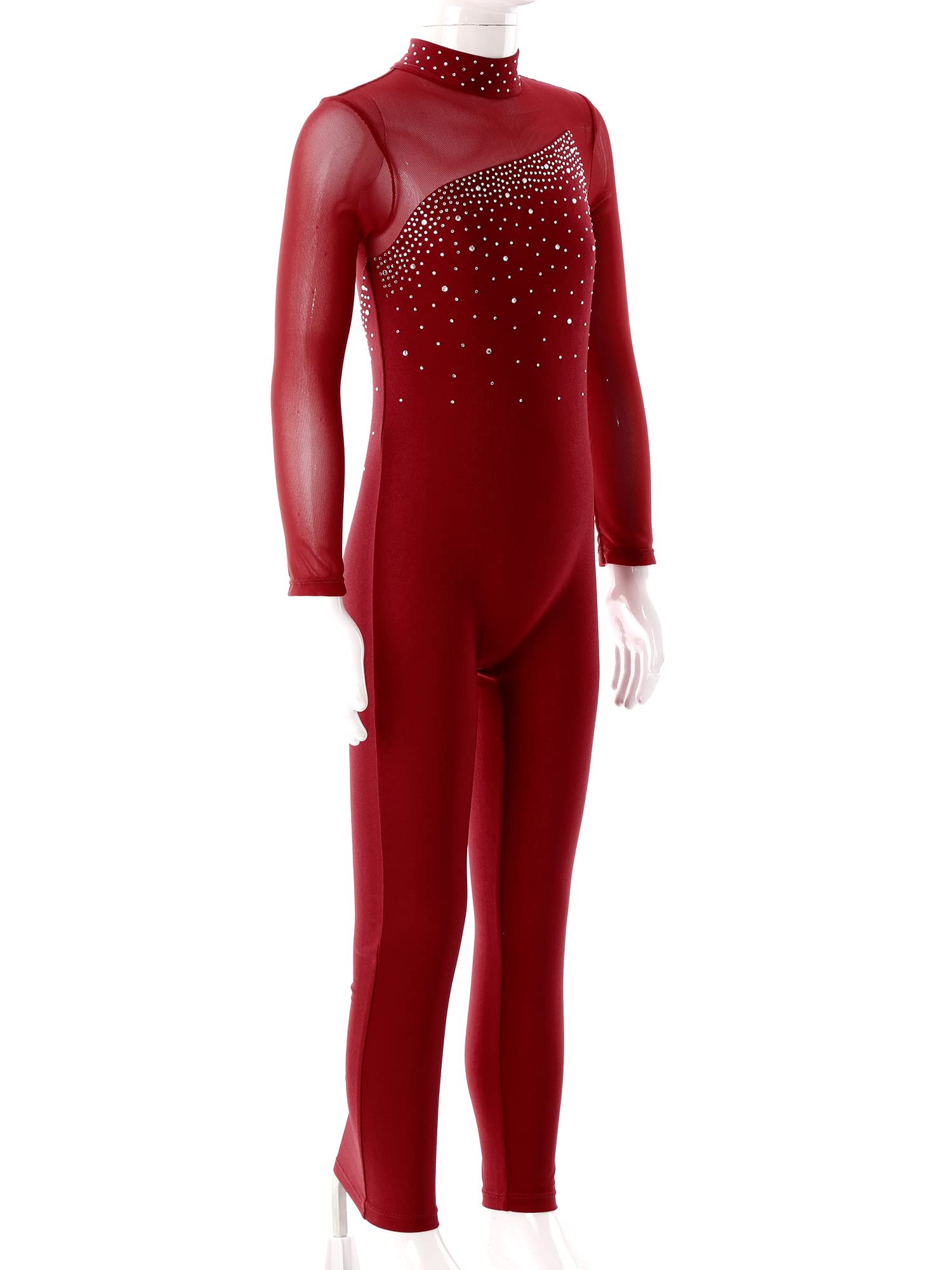 Linjinx Kids Girls Long Sleeve Rhinestone Gymnastics Leotard Unitard Full Body One Piece Figure Ice Skating Jumpsuit Bodysuit Burgundy 10 Years