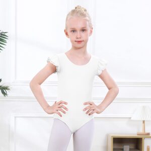 YgneeDom Girls Leotard Ruffle Short Sleeve Crisscross Back for Dance Gymnastics Ballet 3-12 Years(White,5-6)