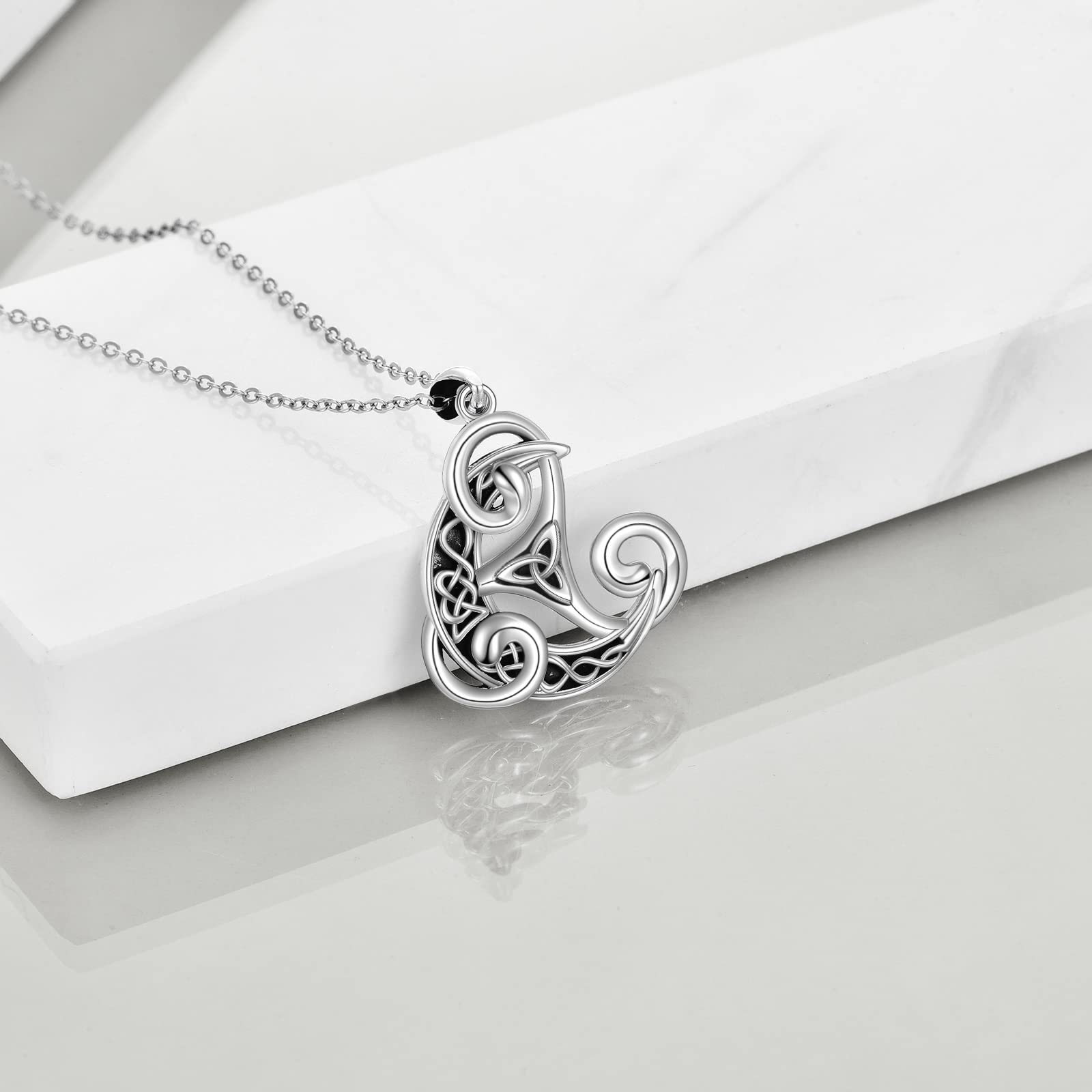 URONE Celtic Knot Necklace 925 Sterling Silver Viking Triskelion Necklace Celtic Moon Necklace Triskele Pendant Celtic Jewelry Gifts for Women (Triskelion 2)