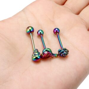 Vsnnsns 14G Tongue Rings for Women Stainless Steel Heart Tongue Rings Skull Tongue Piercing Jewelry Flower Tongue Rings Surgical Steel Tongue Jewelry Barbell Body Piercing Jewelry Rainbow