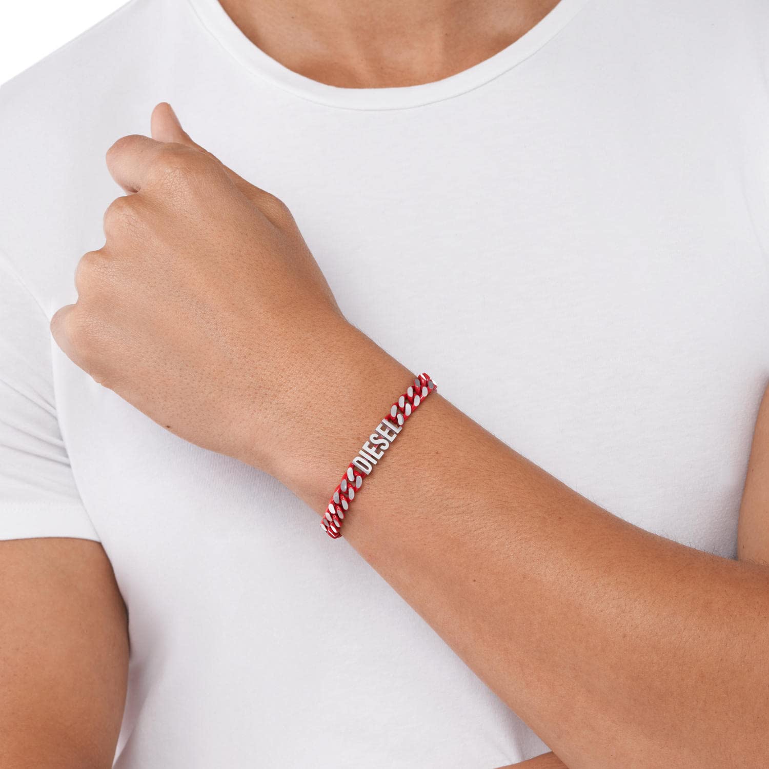 Diesel All-Gender Stainless Steel Chain Bracelet, Color: Silver/Red (Model: DX1415040)