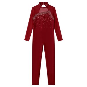 Linjinx Kids Girls Long Sleeve Rhinestone Gymnastics Leotard Unitard Full Body One Piece Figure Ice Skating Jumpsuit Bodysuit Burgundy 10 Years