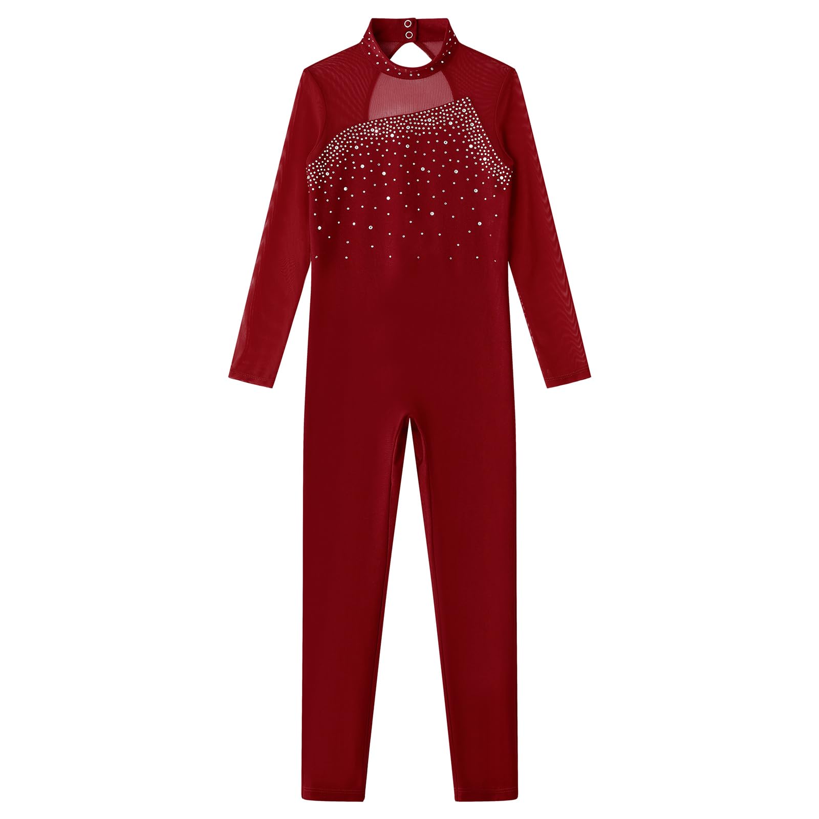 Linjinx Kids Girls Long Sleeve Rhinestone Gymnastics Leotard Unitard Full Body One Piece Figure Ice Skating Jumpsuit Bodysuit Burgundy 10 Years