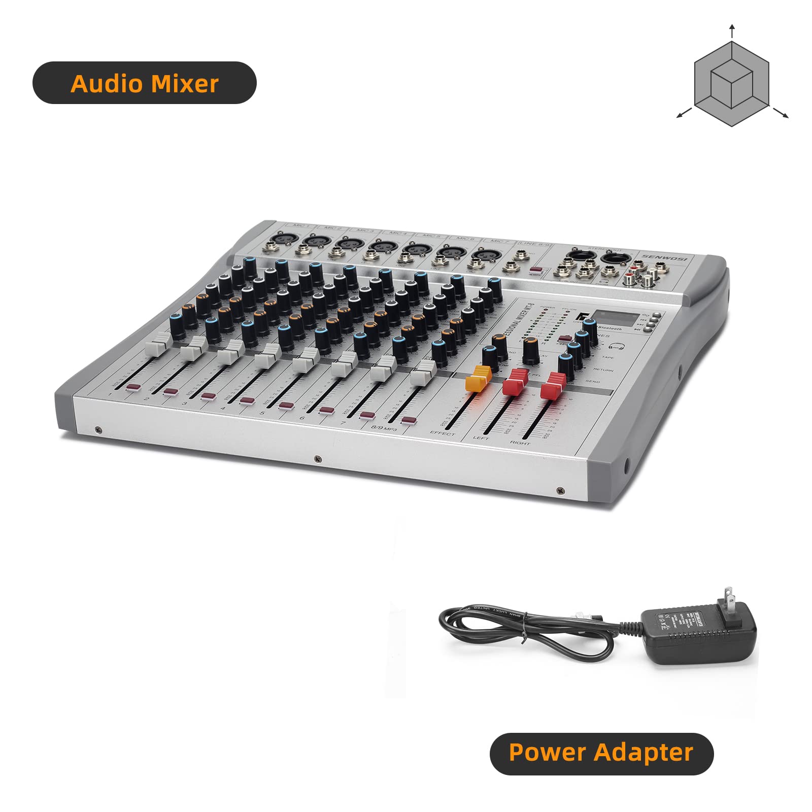 SENWOSI MT-8 8-Channel Sound Board Mixer Amplifier Mixing Console USB Bluetooth Audio Interface Microphone Preamplifier Phantom Power 3 band EQ Steel Chassis DJ Studio Music production