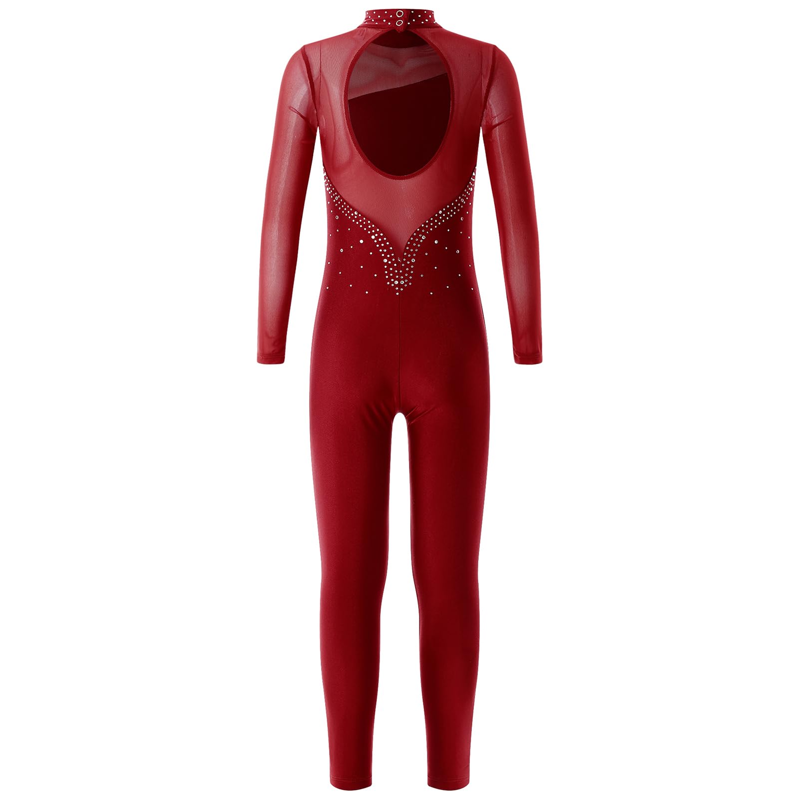 Linjinx Kids Girls Long Sleeve Rhinestone Gymnastics Leotard Unitard Full Body One Piece Figure Ice Skating Jumpsuit Bodysuit Burgundy 10 Years